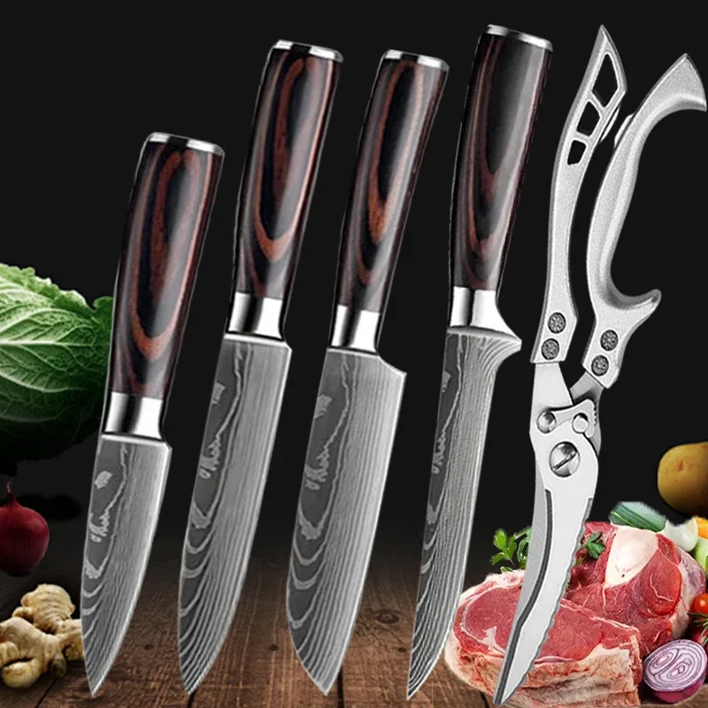 Zestaw noży kuchennych Damascus ze stali nierdzewnej z nożycami 5pcsknife scissor