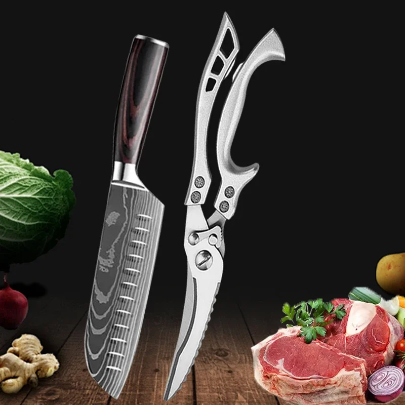 Zestaw noży kuchennych Damascus ze stali nierdzewnej z nożycami 7inch knife scissor