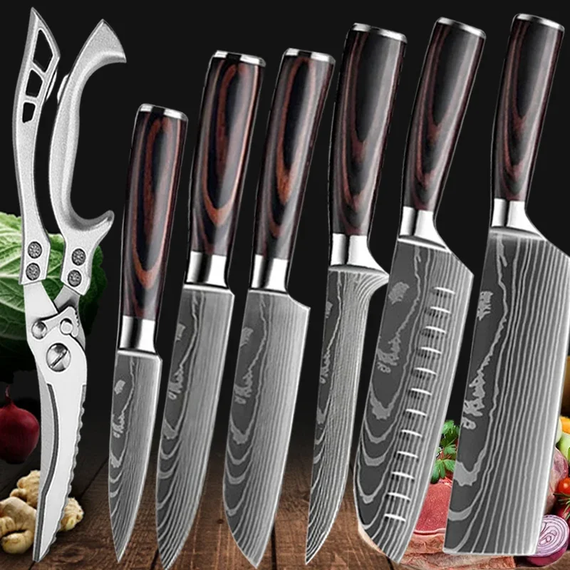 Zestaw noży kuchennych Damascus ze stali nierdzewnej z nożycami 7pcsknife scissor