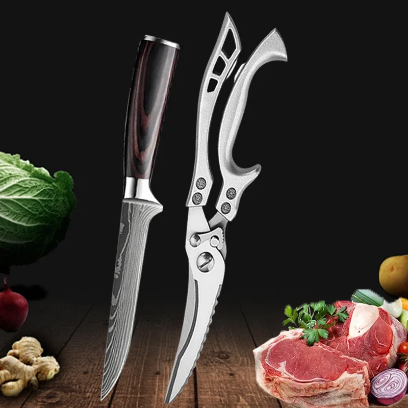 Zestaw noży kuchennych Damascus ze stali nierdzewnej z nożycami Boning knife scissor