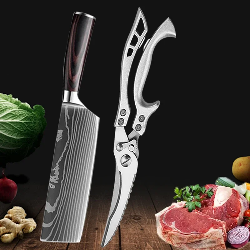 Zestaw noży kuchennych Damascus ze stali nierdzewnej z nożycami Chef knife scissor