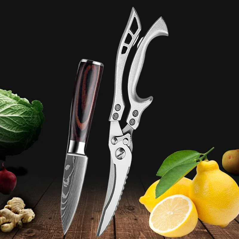 Zestaw noży kuchennych Damascus ze stali nierdzewnej z nożycami Paring knife scissor