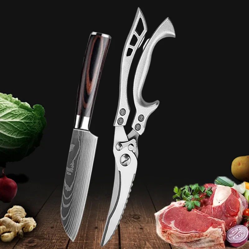 Zestaw noży kuchennych Damascus ze stali nierdzewnej z nożycami Santoku scissor