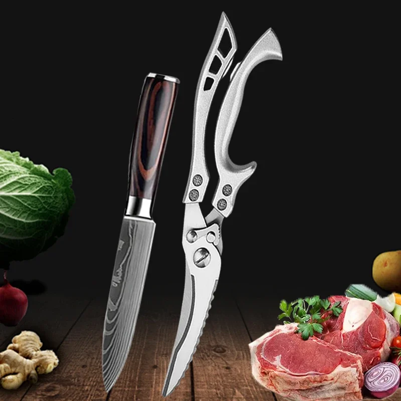 Zestaw noży kuchennych Damascus ze stali nierdzewnej z nożycami Utilityknife scissor