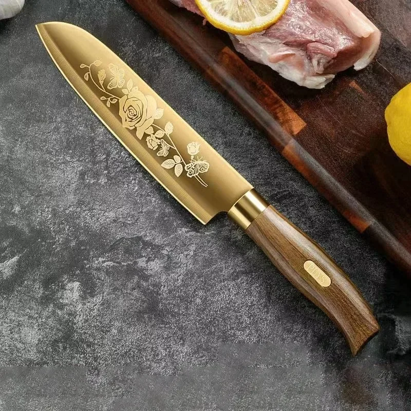 Zestaw noży kuchennych ze stali nierdzewnej ze złotym zdobieniem Japanese sword