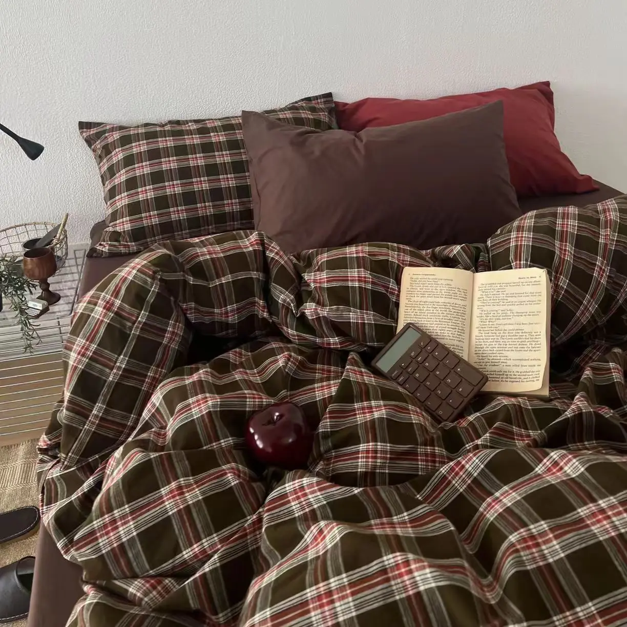 Zestaw pościeli w kratę bawełniana kołdra poduszka prześcieradło Khaki