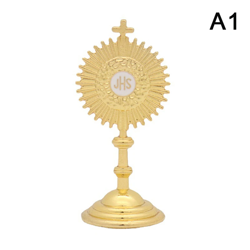 Złota figurka Jezusa JHS — dekoracyjna statuetka religijna na biurko i półkę Ciemnozielony