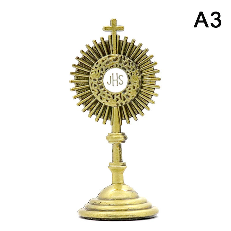 Złota figurka Jezusa JHS — dekoracyjna statuetka religijna na biurko i półkę Królewski niebieski
